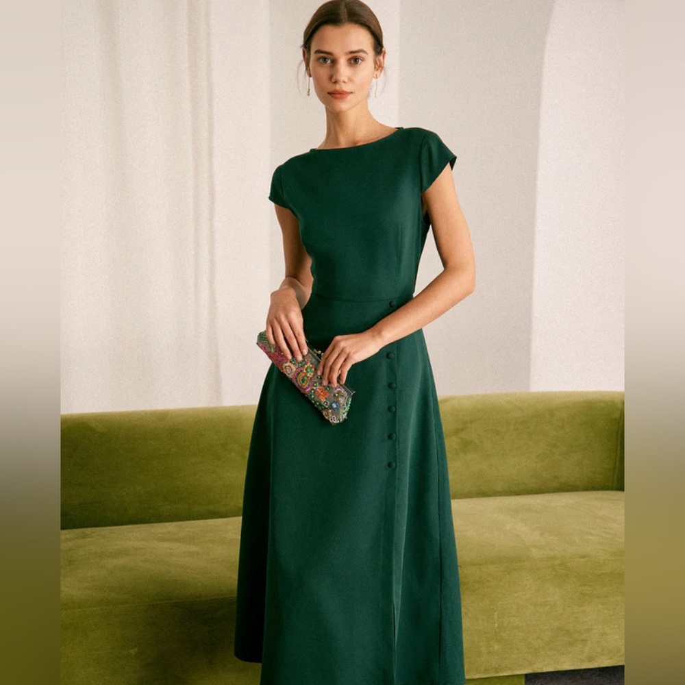 NWT RIHOAS The Green Boat Neck Cutout Back Midi Dress Sz L - Picture 1 of 7